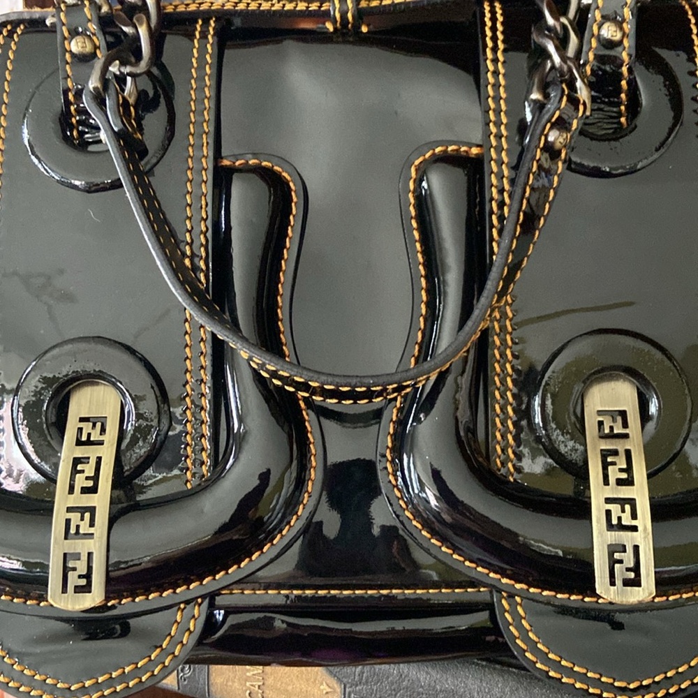 Fendi B Bag Purse in Black Patent Leather with Orange Contrast Top Stitching - Picture 16 of 16